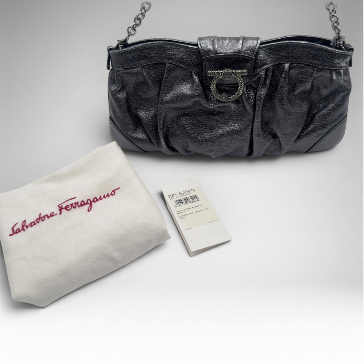Salvatore Ferragamo metallic silver pleated evening bag with crystal Gancini hardware and chain strap