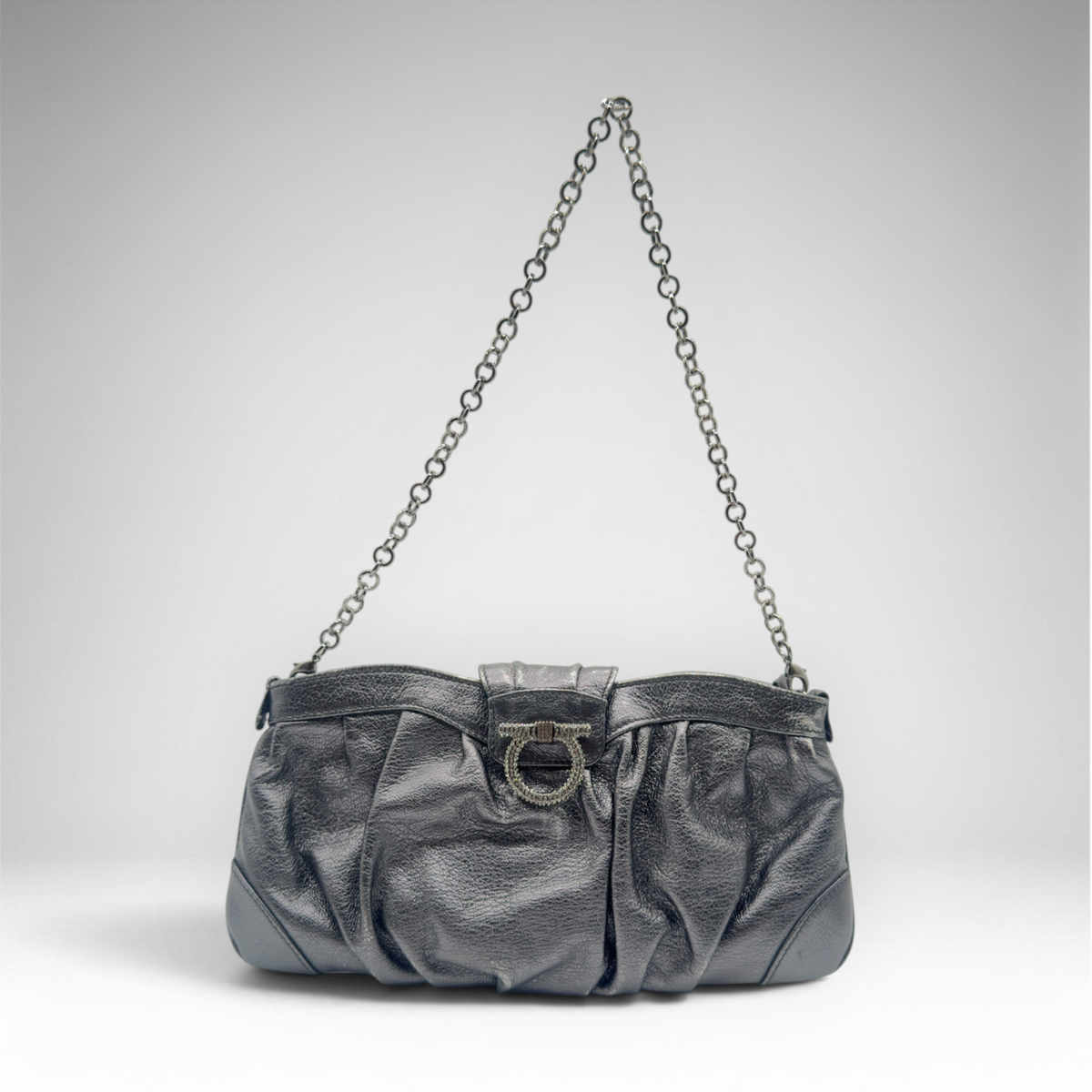 Salvatore Ferragamo metallic silver pleated evening bag with crystal Gancini hardware and chain strap, view 2