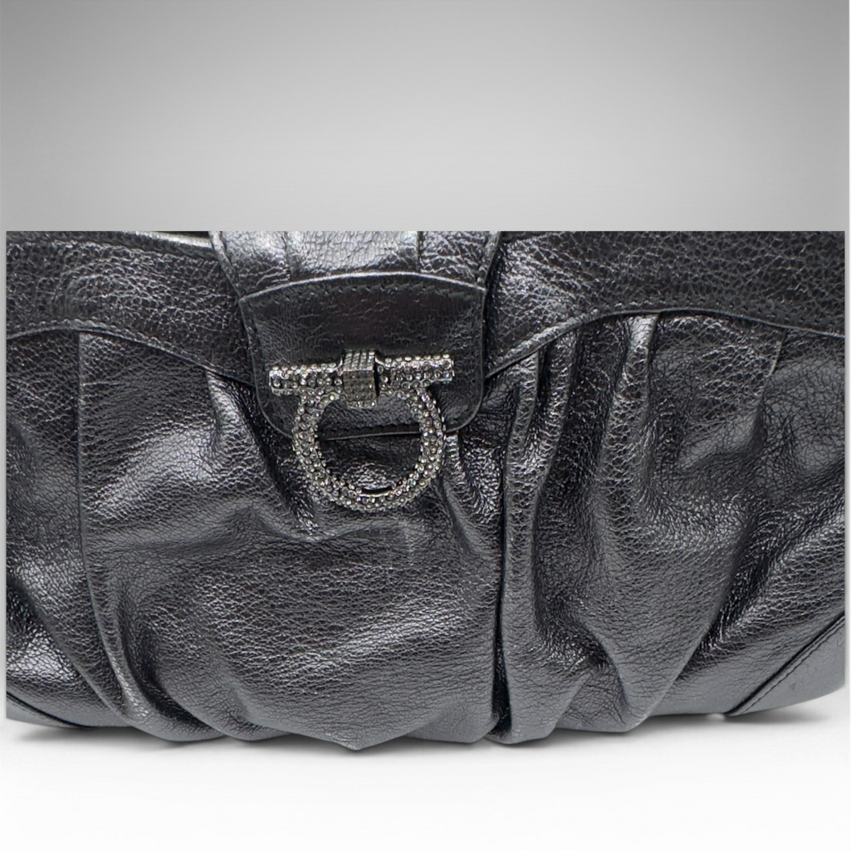 Salvatore Ferragamo metallic silver pleated evening bag with crystal Gancini hardware and chain strap, view 3