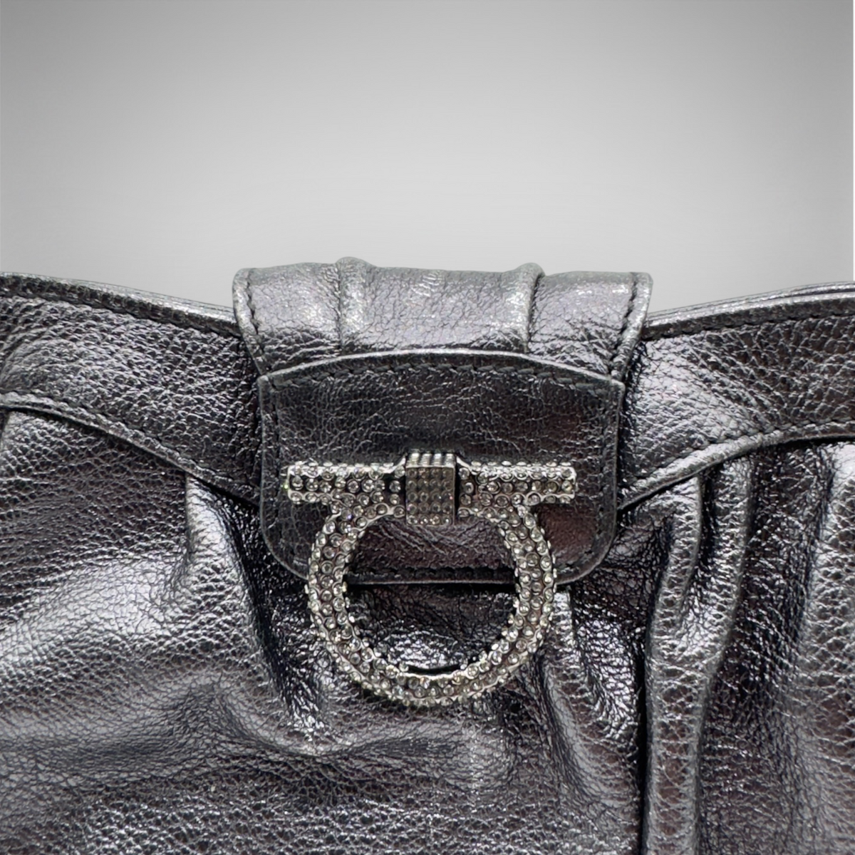 Salvatore Ferragamo metallic silver pleated evening bag with crystal Gancini hardware and chain strap, view 4