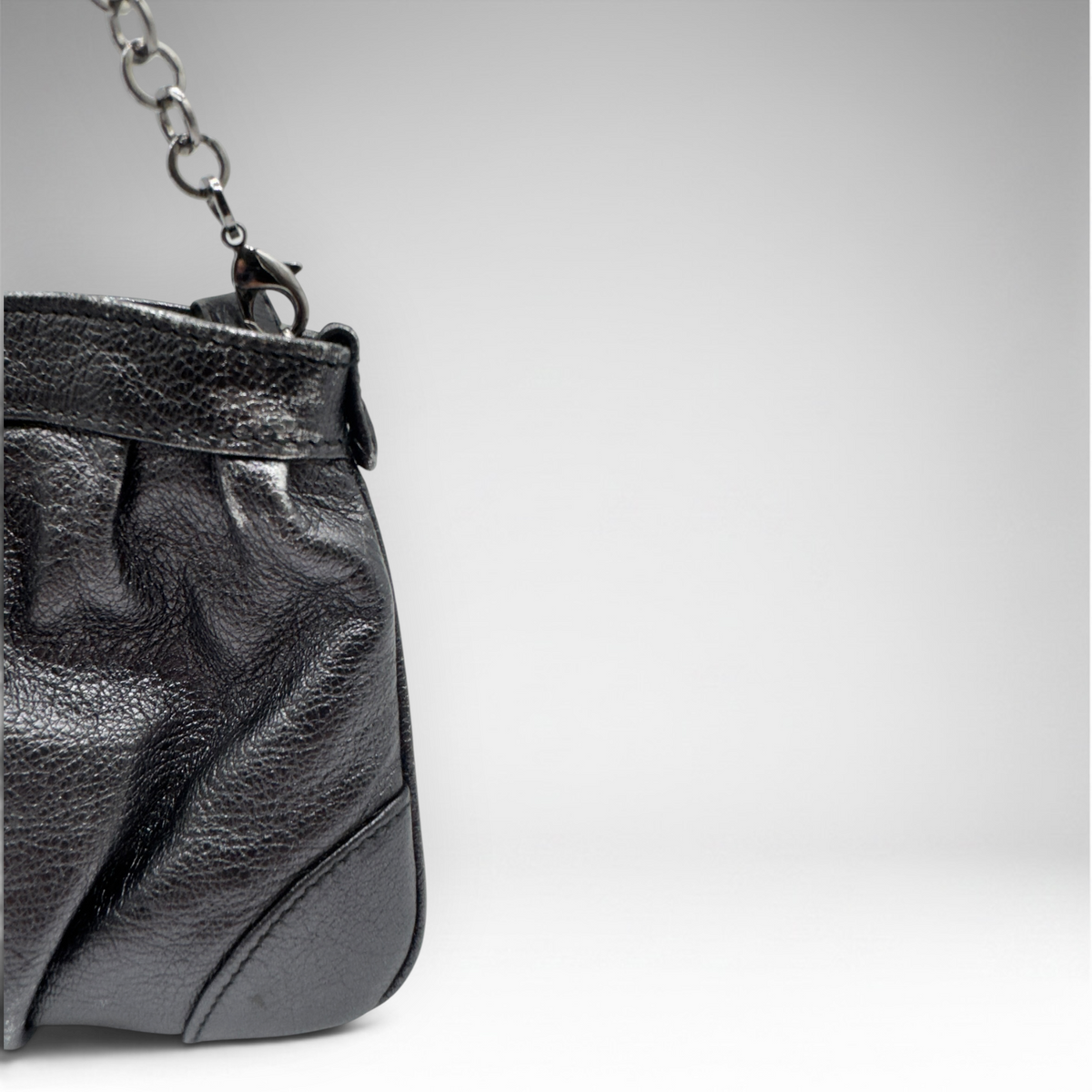 Salvatore Ferragamo metallic silver pleated evening bag with crystal Gancini hardware and chain strap, view 5