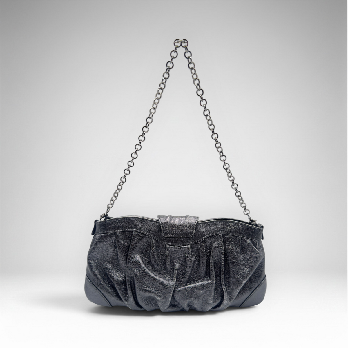 Salvatore Ferragamo metallic silver pleated evening bag with crystal Gancini hardware and chain strap, view 6