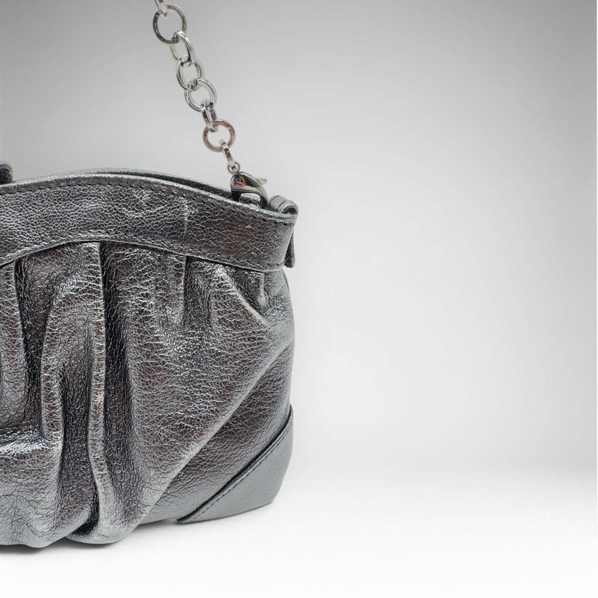 Salvatore Ferragamo metallic silver pleated evening bag with crystal Gancini hardware and chain strap, view 7