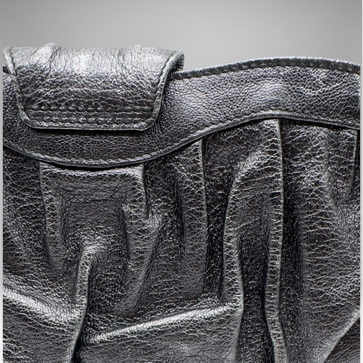 Salvatore Ferragamo metallic silver pleated evening bag with crystal Gancini hardware and chain strap, view 8