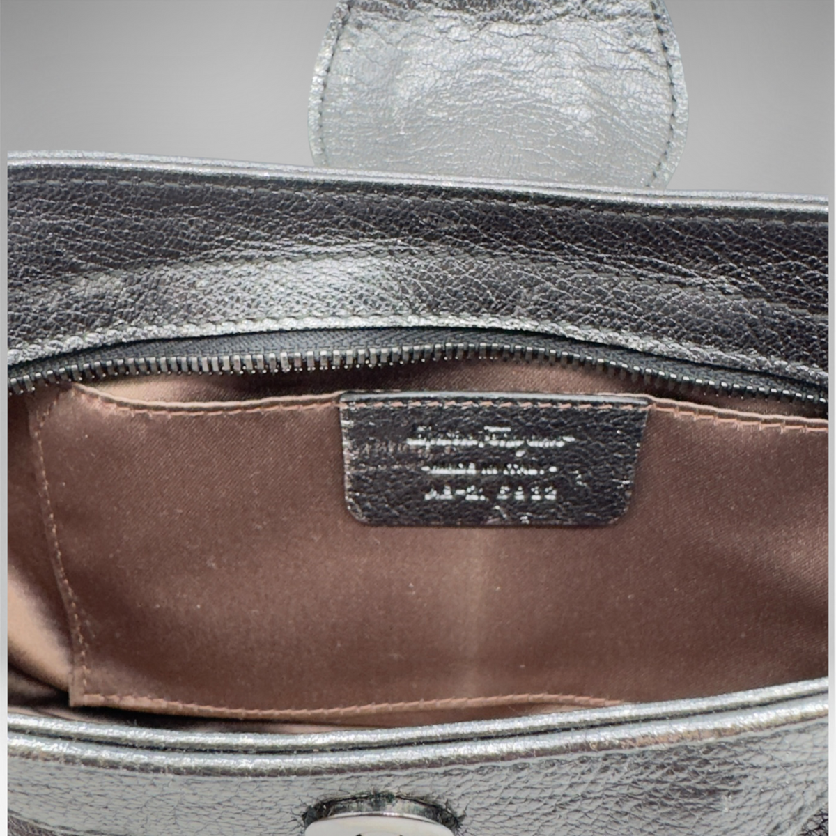 Salvatore Ferragamo metallic silver pleated evening bag with crystal Gancini hardware and chain strap, view 9