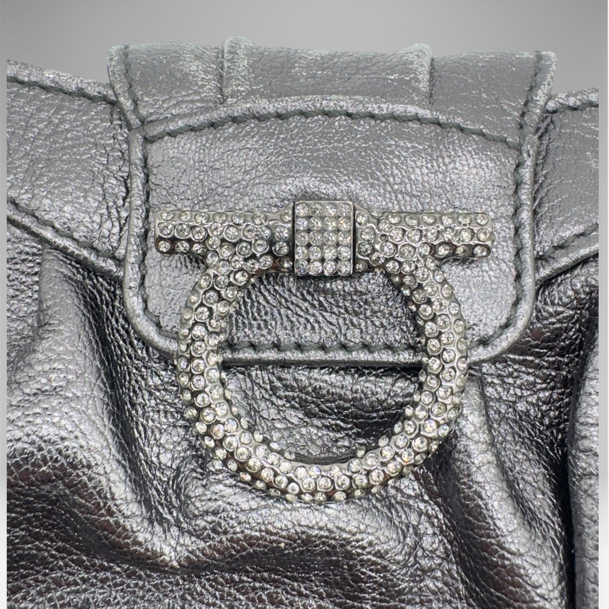 Salvatore Ferragamo metallic silver pleated evening bag with crystal Gancini hardware and chain strap, view 13