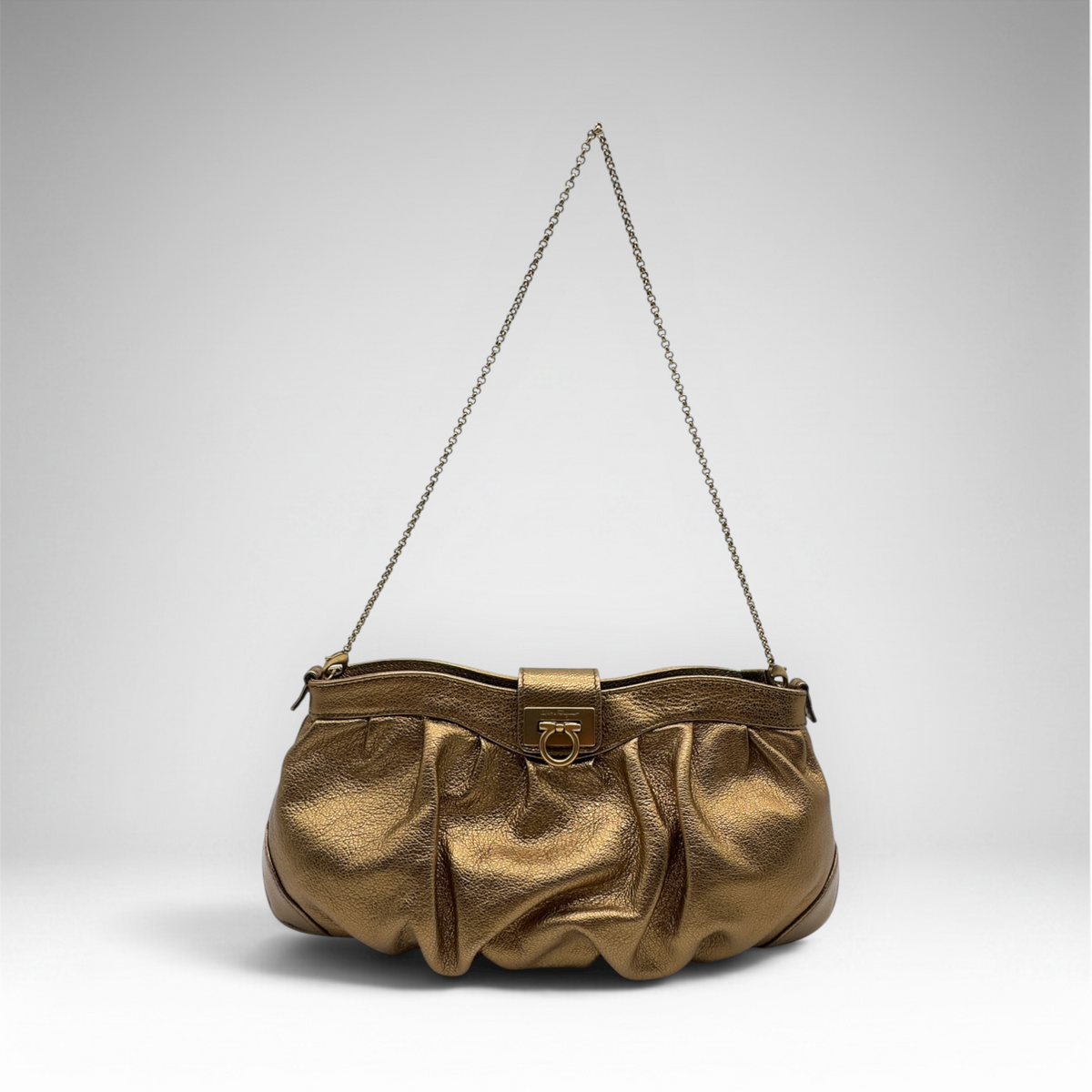 Salvatore Ferragamo metallic bronze pleated evening bag with Gancini clasp and chain strap, view 2