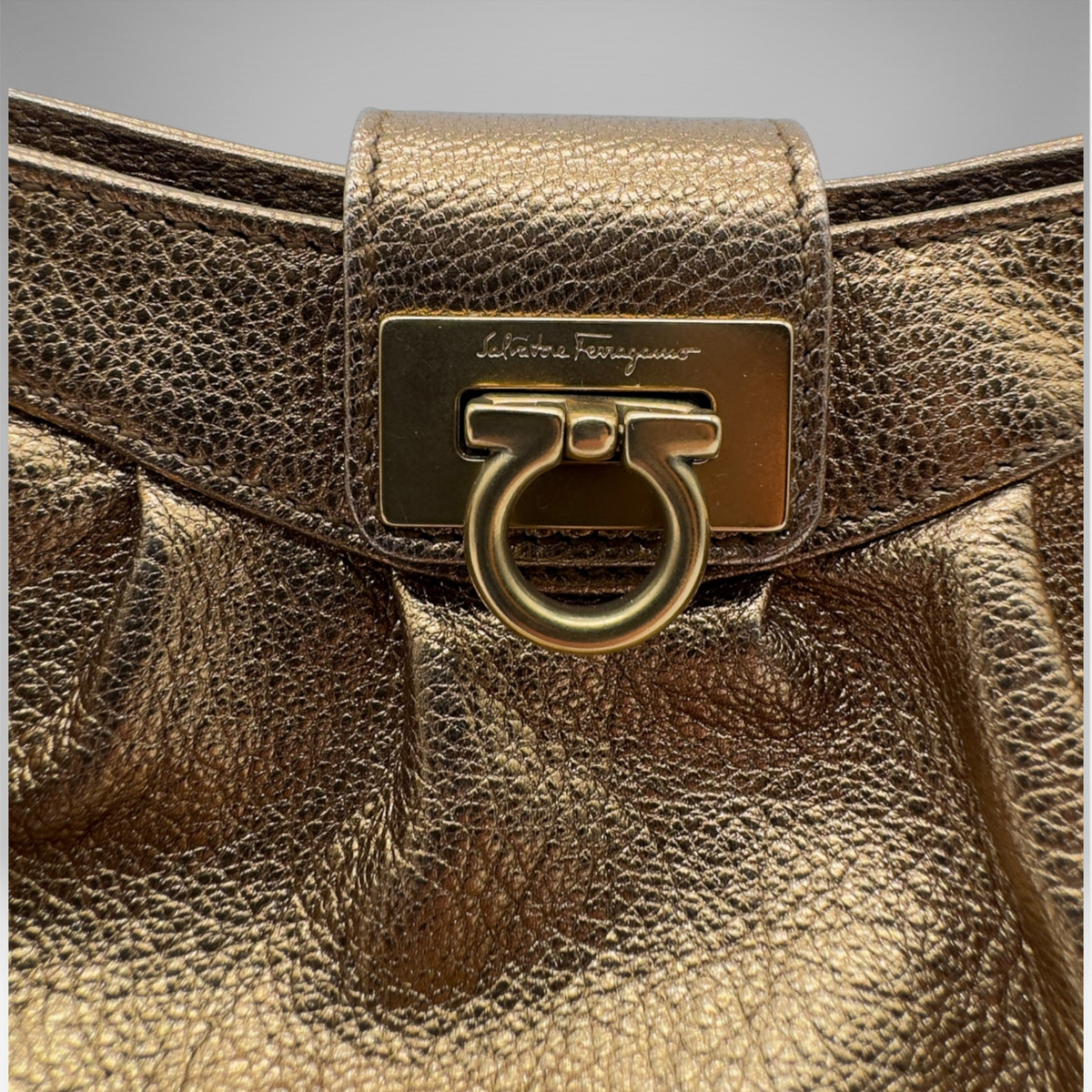 Salvatore Ferragamo metallic bronze pleated evening bag with Gancini clasp and chain strap, view 3