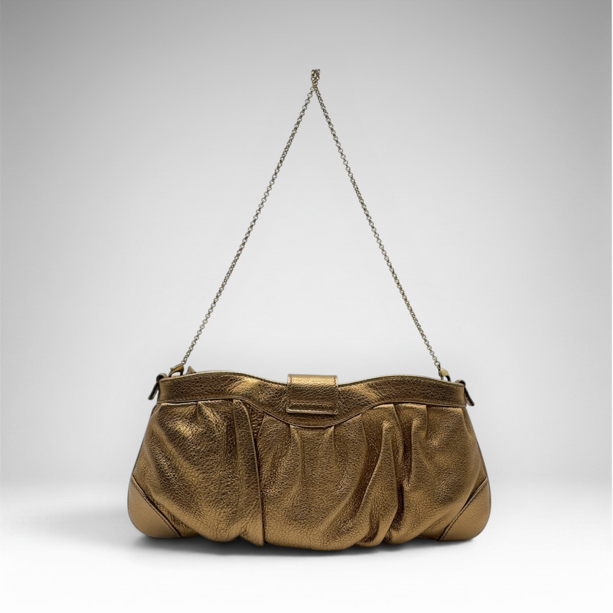 Salvatore Ferragamo metallic bronze pleated evening bag with Gancini clasp and chain strap, view 4