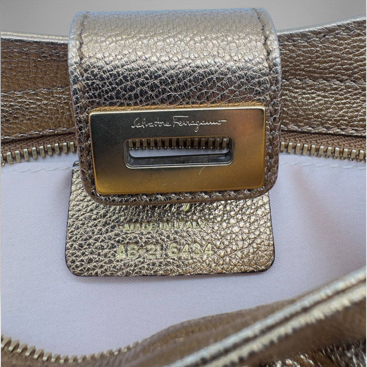 Salvatore Ferragamo metallic bronze pleated evening bag with Gancini clasp and chain strap, view 5