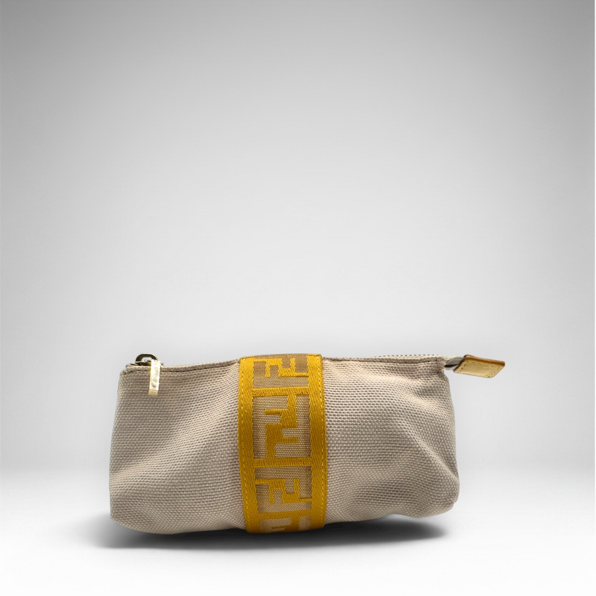 Fendi beige woven canvas pochette with mustard-yellow FF logo webbing and gold-tone zip closure
