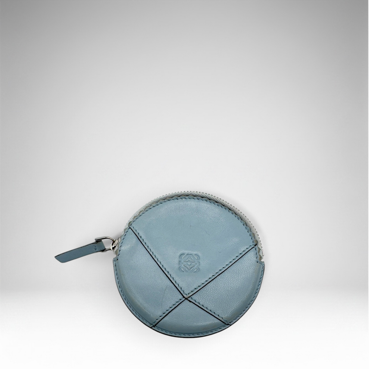 Loewe Anagram round coin purse in powder blue leather, view 2