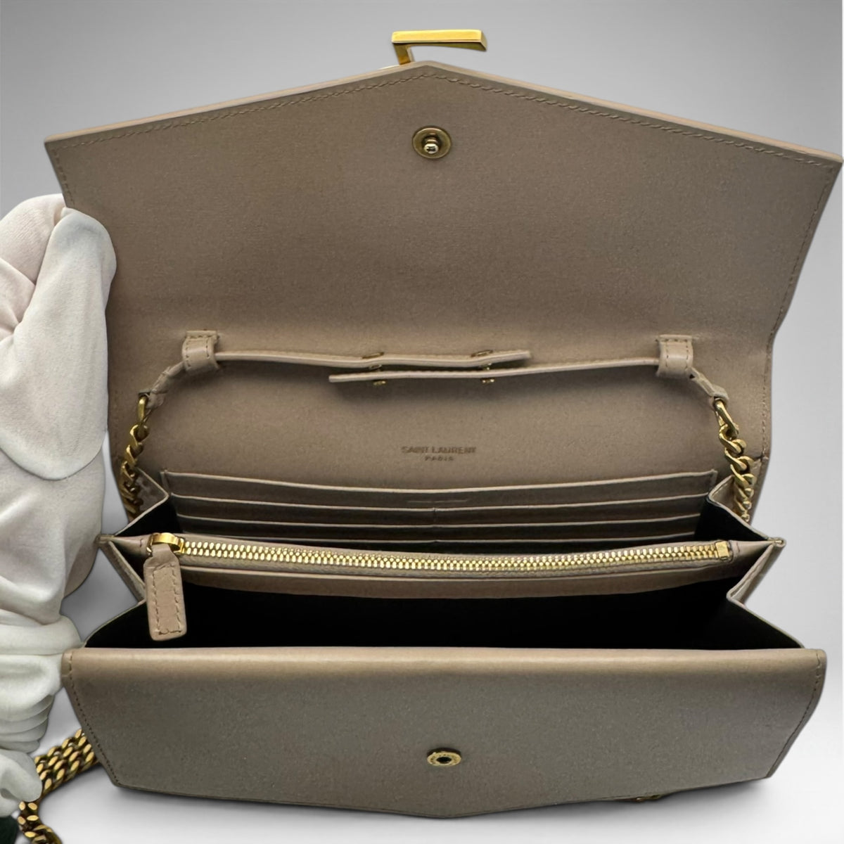 Saint Laurent YSL Envelope Chain Wallet WOC – Taupe