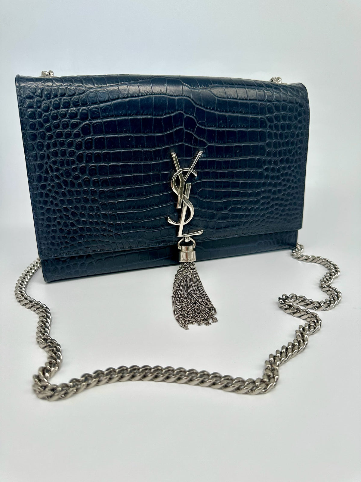 Saint Laurent Kate Tassel Chain Bag – Embossed Croc in Deep Midnight Blue