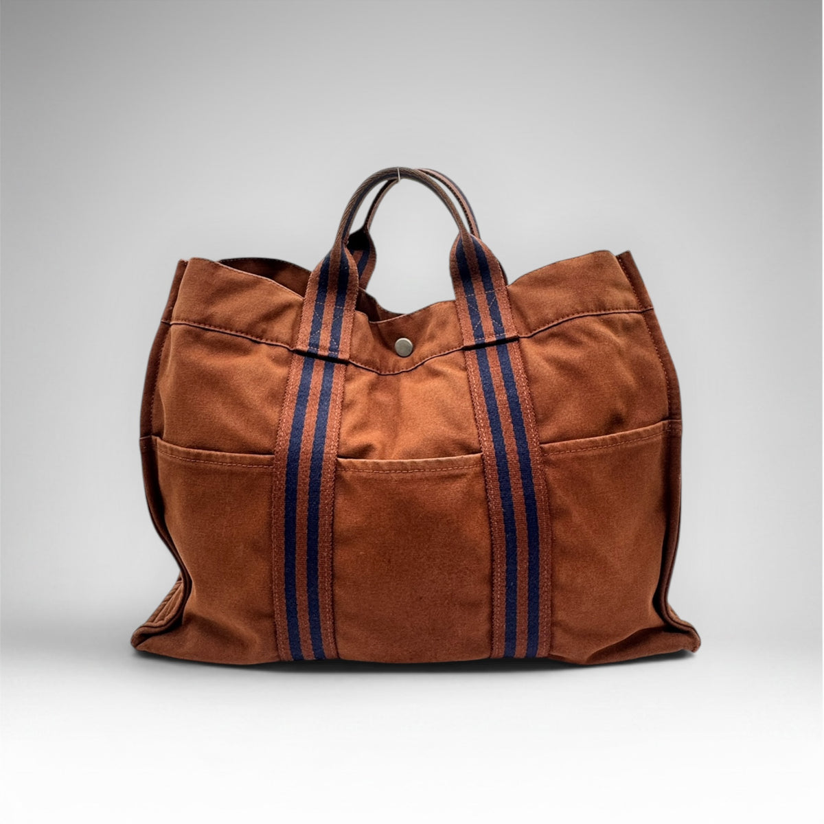 Hermès Fourre Tout MM chocolate brown and navy canvas tote