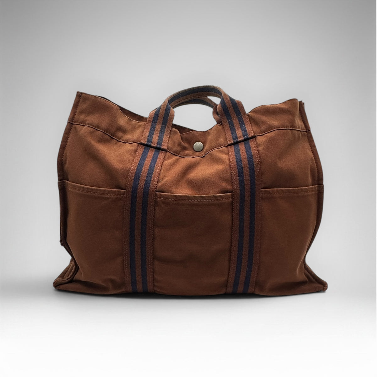 Hermès Fourre Tout MM chocolate brown and navy canvas tote, view 2