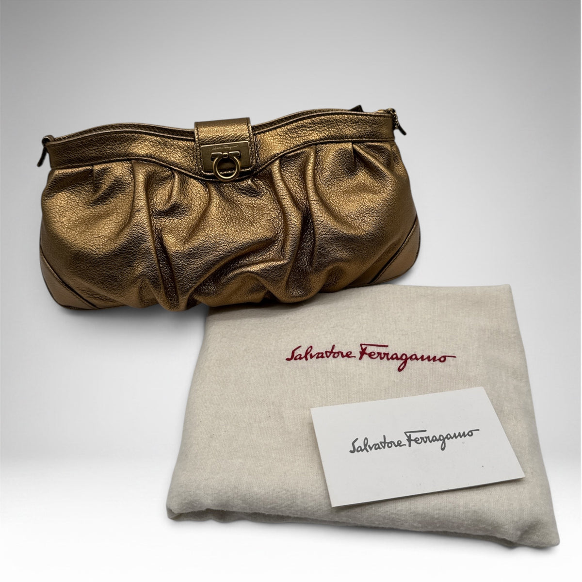 Salvatore Ferragamo metallic bronze pleated evening bag with Gancini clasp and chain strap, view 6
